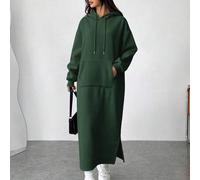 Damen Lässiges dunkelgrünes lang geschnittenes Kapuzen-Strickkleid mit Schlitz-Saum und Dropped-Shoulder Langarm-Design, Winterkleid für Frauen, Kapuz