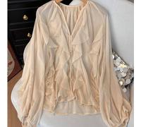Damen Lässiges, elegantes, locker sitzendes Langarm-Shirt mit einfarbigem Volant-Saum, geeignet für Musikfestivals/Hochzeitssaison, Frühling/Sommer