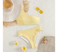 Damen Lässiges elegantes One-Shoulder Rückenfreies Bikini-Set mit hohem Schlitz in Gelb, Strandurlaub Sommer