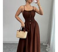 Damen lässiges Kaffee-farbenes, bequemes, leinen-ähnliches Kleid mit Schlupfform, Schleife am Bund und Kordel, für Frühling/Sommer