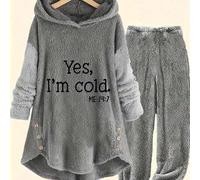 Damen Lässiges Outfit aus Kapuzen-Sweatshirt mit Knopfverschluss, Muster und Teddy-Fleece sowie Hose für Herbst/Winter