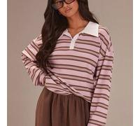 Damen Lässiges rosa gestreiftes Poloshirt, mit Kragen, langärmlig, aus bequemem und weichem Strickstoff, rosa gestreiftes Oberteil, locker geschnitten
