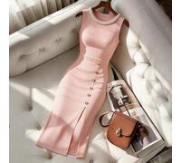 Damen lässiges und elegantes Strickkleid mit Perlenverzierung, rundem Ausschnitt, ärmellos, lang mit Schlitz und dekorativem Knopf, geeignet für den t
