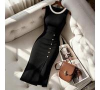 Damen lässiges und elegantes Strickkleid mit Perlenverzierung, rundem Ausschnitt, ärmellos, lang mit Schlitz und dekorativem Knopf, geeignet für den t