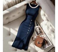 Damen lässiges und elegantes Strickkleid mit Perlenverzierung, rundem Ausschnitt, ärmellos, lang mit Schlitz und dekorativem Knopf, geeignet für den t
