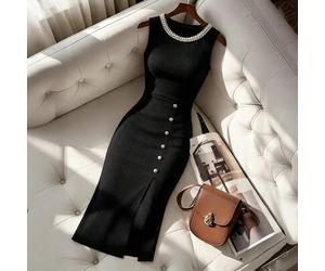 Damen lässiges und elegantes Strickkleid mit Perlenverzierung, rundem Ausschnitt, ärmellos, lang mit Schlitz und dekorativem Knopf, geeignet für den t