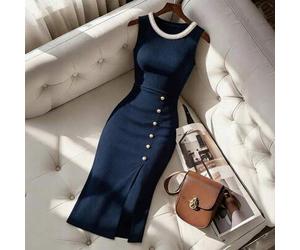 Damen lässiges und elegantes Strickkleid mit Perlenverzierung, rundem Ausschnitt, ärmellos, lang mit Schlitz und dekorativem Knopf, geeignet für den t