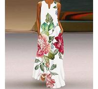 Damen Lässiges Weißes Ärmelloses Kleid - Sommer Sexy V-Ausschnitt Taschen Maxikleid Klassischer Blumendruck Pulloverrock, Retro Urlaub Strand Flowy Swing Langes Kleid Sommerkleid Lady, 5XL