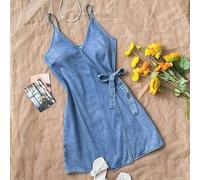 Damen Lässiges Wickel-Trägerkleid aus Denim für den Urlaub