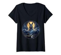 Damen Lama Looking at The Moon Calm Night Animal T-Shirt mit V-Ausschnitt