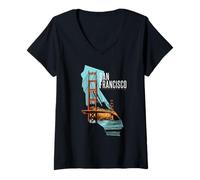 Damen Landkarte des Bundesstaates Kalifornien San Francisco Golden Gate Bridge T-Shirt mit V-Ausschnitt