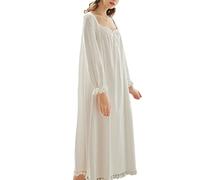 Damen Lang Baumwolle Nachthemd Langarm Nachtwäsche Vintage Viktorianisch Nachtkleid Palast-Stil Prinzessin Retro Spitze Süßer Langen Rock Sleepshirt Schlafanzug Pyjama Schlafhemd Weiß M