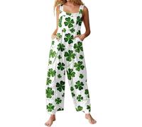Damen Lang Kleeblatt Druck St Patricks Day Kostüm Spaghetti Jumpsuit Mit Taschen Kuschelig Romper Wide Leg Strampler Racerback Latzhose Ärmelloser Playsuit Casual Arbeitslatzhose Fashion Costume