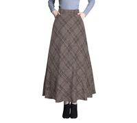 Damen Lang Rock Elegant Maxi Winterrock Plaid Warm Wollrock Hohe Taille Karierter röcke Herbst Elastische Taille Vintage A Linie Casual Midi Faltenrock 890 Khaki M