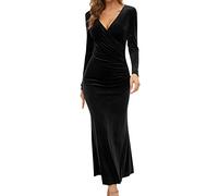 Damen Langarm Abendkleid Samt Maxikleid Tief V-Ausschnitt Elegant Cocktailkleid Partykleid Samtkleid Winter