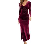 Damen Langarm Abendkleid Samt Maxikleid Tief V-Ausschnitt Elegant Cocktailkleid Partykleid Samtkleid Winter