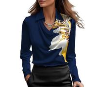 Damen Langarm-Bluse aus Chiffon, V-Ausschnitt, T-Shirt, taillierter Überwurf, Blumenmuster, Herbst-Top, Stehkragen, Plissee-Bluse(Navy 1,M)