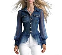 Damen Langarm Bluse für slim Fit Laternenärmel Damen Langarm(Dark Blue L) | Laternenärmel Design, für slim Fit Schnitt, eleganter Look, geeignet für Büro und Partys
