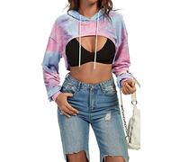 Damen Langarm Cropped Super Crop Top Hoodies Sweatshirt Ästhetisch Punk Hip Hop Tanz Sexy Rave Tuch, Blau/Pink, S