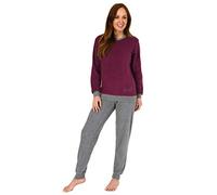 Damen Langarm Frottee Pyjama Schlafanzug mit Bündchen und Zierspruch und Herzmotiv, Farbe:Beere, Größe2:48/50
