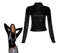 Damen Langarm Glänzende Oberteile, Metallic Flüssigkeits Rollkragenoberteile mit Stehkragen, schmal geschnittene, lässige Pullover Tunika für Clubwear, solide T Shirt Bluse Lederoptik Party Tanktops