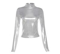 Damen Langarm Glänzende Oberteile, Metallic Flüssigkeits Rollkragenoberteile mit Stehkragen, schmal geschnittene, lässige Pullover Tunika für Clubwear, solide T Shirt Bluse Lederoptik Party Tanktops