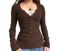 Damen Langarm Henley Top Lässig mit Knopfleiste Tunika Bluse Geripptes Schlankes Shirt Y2K Spitzen Patchwork Pullover Tops Fairy Grunge Vintage T-Shirts, Ein Braun, S