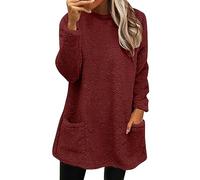 Damen Langarm Pullover Lang Teddy Fleece Fleecepulli Plüsch Tops Oberteile Mit Taschen Sweatshirt schwarz für Frauen Winter Warm, Black Friday 2024