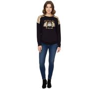 Damen Langarm-Pullover mit Weihnachts-Muster Shirt mit Pailletten Longsleeve mit Glitzer-Aufdruck 951384 Schwarz/Gold 36/38