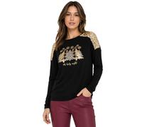 Damen Langarm-Pullover mit Weihnachts-Muster Shirt mit Pailletten Longsleeve mit Glitzer-Aufdruck 956436 Schwarz/Gold 36/38