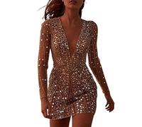 Damen Langarm Sexy tiefer V-Ausschnitt Slim Fitted Minikleid Glitzer Pailletten Gestreiftes Mesh Cocktail Party Kleid Frauen V-Ausschnitt Kleider für besondere Anlässe