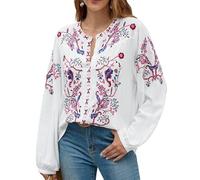 Damen-Langarm-Shirt, Herbst-Top, bestickte Blusen, lässig, lockere Bauern-Tunika, mexikanische trendige Kleidung 2024, Weiss/opulenter Garten, Mittel