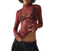 Damen-Langarm-Top aus Netzstoff, Stehkragen, durchscheinende Bluse, florale Spitze, Layering-Oberteil, Y2K, durchsichtiges T-Shirt, weinrot, M