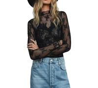 Damen-Langarm-Top aus Netzstoff, Stehkragen, durchscheinende Bluse, florale Spitze, Layering-Oberteil, Y2K, durchsichtiges T-Shirt, Schwarz , L