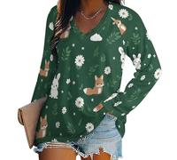 Damen Langarm Top Tee Sexy Blumen- Und Kaninchenmuster V-Ausschnitt Basic Lockere Passform Bluse Tops Niedliche Cartoon-Tiere Streewear