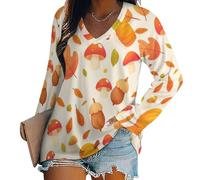 Damen Langarm Top Tee Sexy Cartoon-Pflanzendrucke V-Ausschnitt Basic Lockere Passform Bluse Tops Pilz- Und Blattmuster Streewear