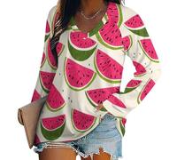 Damen Langarm Top Tee Sexy Cartoon-Wassermelonenmuster V-Ausschnitt Basic Lockere Passform Bluse Tops Niedliche Fruchtmotive Streewear