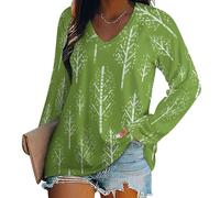 Damen Langarm Top Tee Sexy Grün Gestreiftes Birkenmuster V-Ausschnitt Basic Lockere Passform Bluse Tops Einfacher Cartoon-Stil Streewear
