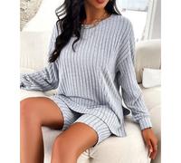 Damen Langarm-Top und Shorts Set Grau L Atmungsaktive Freizeit- und Lounge-Wear