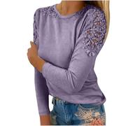 Damen-Langarm-Top, Verkaufsausverkauf, Frühling, lässiges Sweatshirt für Damen, Rundhalsausschnitt, elegante Tunika, Tops, Spitzenbluse, Basic-Pullover für Damen, Arbeit, Büro, Sport, violett, XXL
