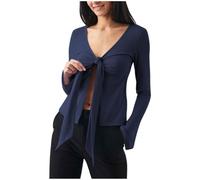 Damen Langarm V-Ausschnitt T-Shirt Sexy Slim Fit Oberteile Weich Bequem Langarmshirt Einfarbig LäSsig Longshirt Luftige Leichte Bluse Modischer Einfaches Hemd Schleife Zum Binden Tops