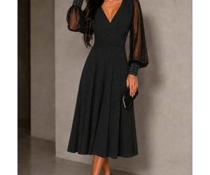 Damen Langarm Wickelkleid aus Viskose in Midi-Länge mit Tüll-Details an den Ärmeln und Perlen-Verzierungen., 37461