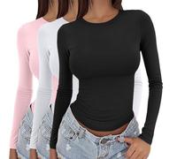 Damen Langarmshirt Baumwolle,Basic Long Sleeve Shirt Women's Y2K Top Slim Fit Tight Black White Crew Neck Undershirt Elegant Sexy Tops Cropped Casual Going Out Athletic Top Teenager Streetwear
