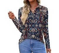 Damen Langarmshirt Bluse Damen Elegant Langarm Poloshirt-Stil Locker Passform Langarmshirt V-Ausschnitt Classic Büro Oberteil M Dark Blue
