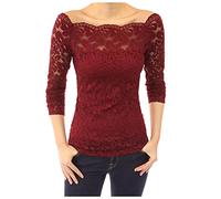 Damen Langarmshirt Bluse mit Tops Floraler Spitze Weg von der Schulter Oben Transparent Netz Unterhemd Skiny Spitzenshirt mit Blumen Muster Unterkleid Hohl Spitzenhemd pullis Oberteile W12