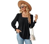 Damen Langarmshirt Casual Damen Tshirt Langarm Bluse Lässige Tunika Rüschen Longsleeve Oberteil Damen mit Gesmokten Bündchen Quadratischer Hals Casual Solide Hohle Lose Tops Tuniken für Damen