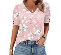 Damen Langarmshirt Elegant Damenbluse T-Shirt Mit V-Ausschnitt Und Kurzen Ärmeln Aus Leichtem Material Floralen Print Rote Bluse Damenblusen Kurzarm Hell-pink M
