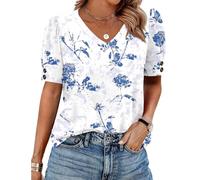 Damen Langarmshirt Elegant Gestreifte Bluse T-Shirt Mit V-Ausschnitt Und Kurzen Ärmeln Aus Leichtem Material Sommerblusen Boho-Oberteile Für Frauen Blau XL