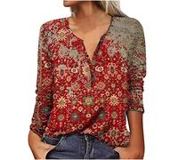 Damen Langarmshirt Elegante Retro Bohemia Blume Muster V-Ausschnitt Langarm Locker Pullover Casual Shirt Herbst Winter Frühling Oberteile Top Female T-Shirt Bluse Große Größe S-XXXL