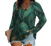 Damen Langarmshirt Sexy Oberteile Mit V-Ausschnitt Oversized Basic Longshirt Lose Goldgestreifter Blattdruck Langarm T-Shirt, Pflanzenelemente